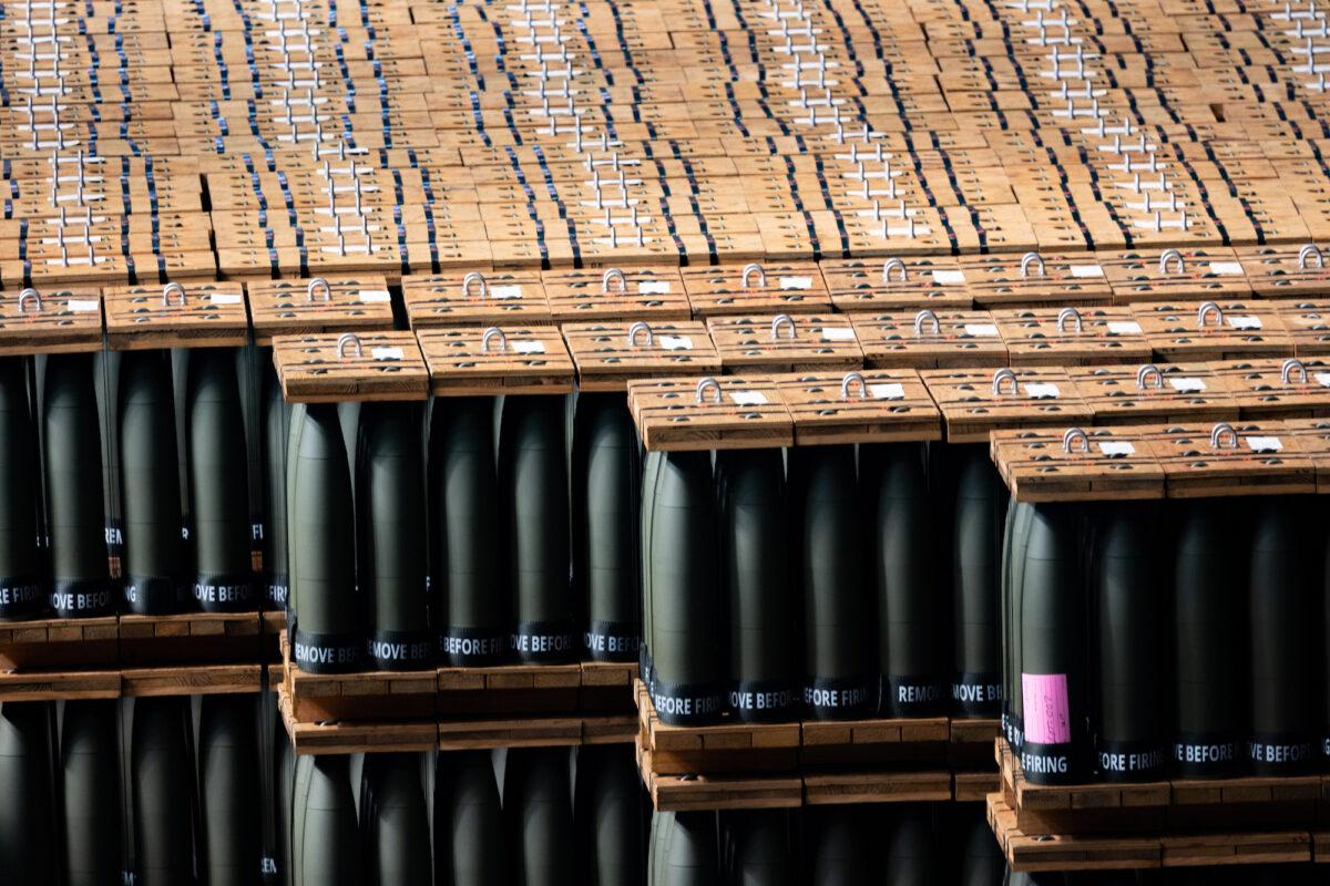 Artillery shells (155 mm) ready to be shipped are stored at the Scranton Army Ammunition Plant in Scranton, Pa., on April 12, 2023. (Hannah Beier/Getty Images)