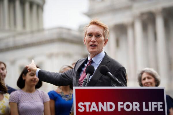 Sen. James Lankford (R-Okla.) speaks during a rally for the anniversary of Dobbs at the Senate Swamp in Washington, on June 20, 2023. (Madalina Vasiliu/The Epoch Times)