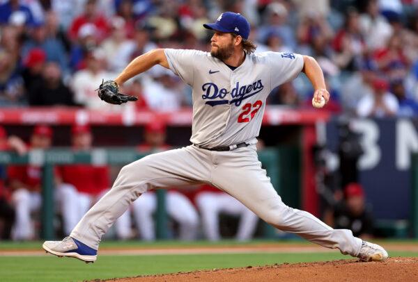 Clayton Kershaw (22) of the Los Angeles Dodgers pitches during the second inning of a game at Angel Stadium of Anaheim in Anaheim, Calif., on June 20, 2023. (Sean M. Haffey/Getty Images)