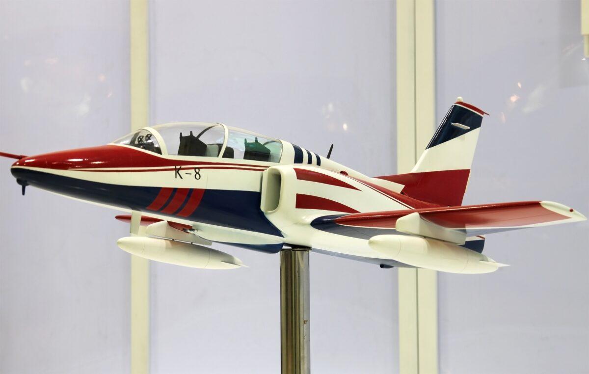 A mockup of the jet trainer K-8 is on display during the 13th Beijing International Aviation & Aerospace Exhibition at CIEC in Beijing on Sept. 25, 2009. (Shutterstock)