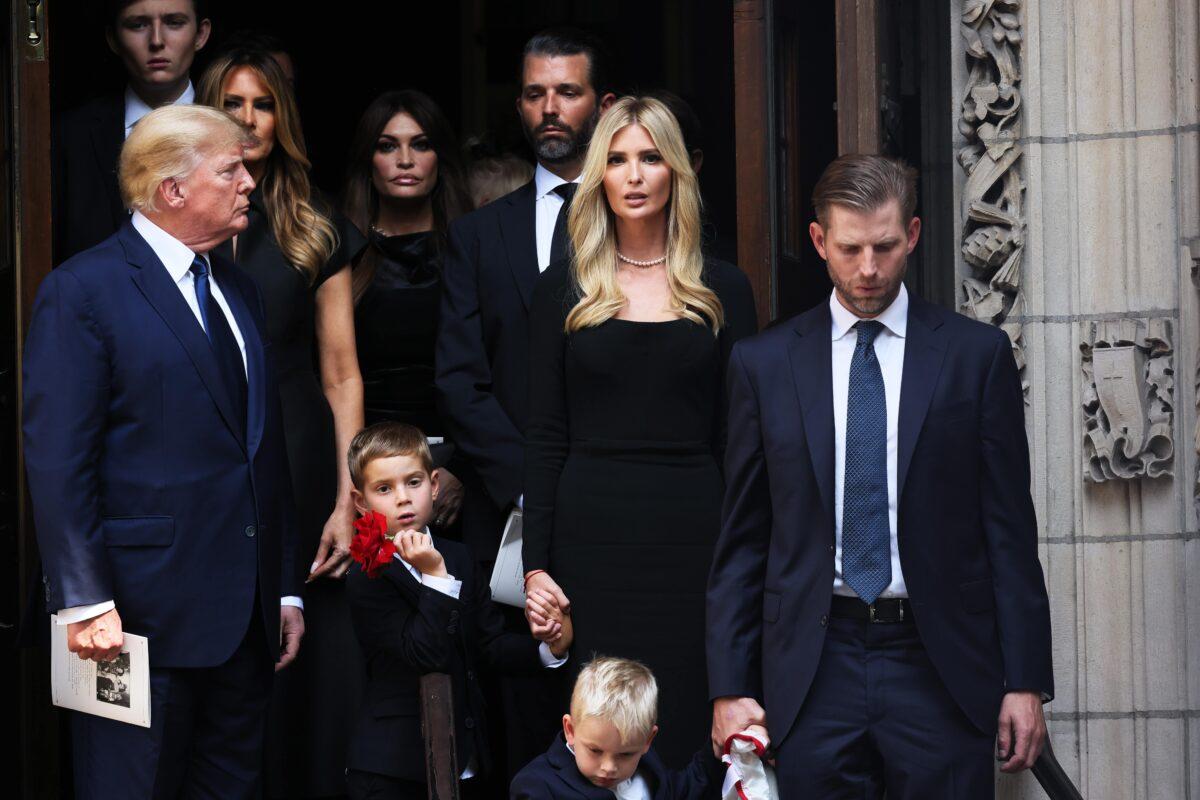 Former President Donald Trump and his children Ivanka Trump, Eric Trump, and Donald Trump Jr., and their children follow the casket of Ivana Trump out of St. Vincent Ferrer Roman Catholic Church during her funeral in New York City, on July 20, 2022. (Michael M. Santiago/Getty Images)
