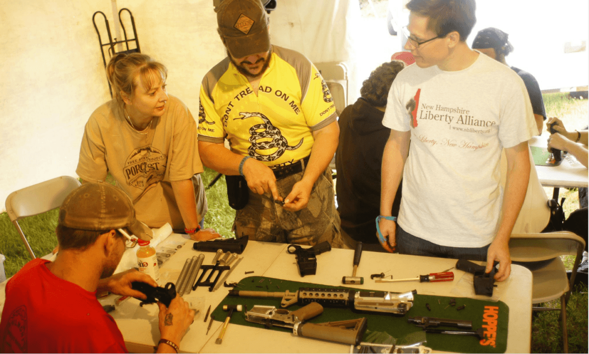 A gun hub at a past PorcFest in New Hampshire. The annual week-long campout is expected to draw at least 3,000 participants this year. (The Porcupine Freedom Festival)