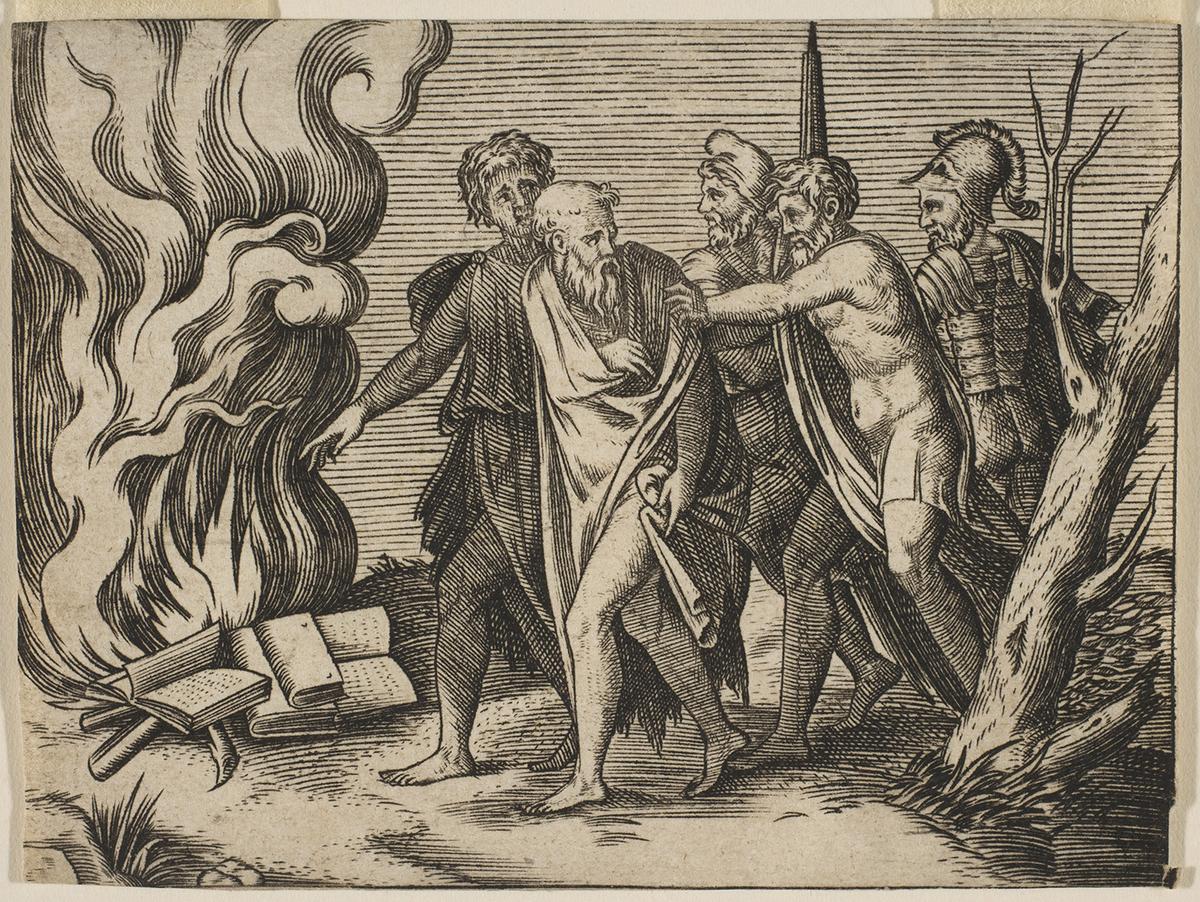 Engraving of a group of men pushing philosophers toward a fire with burning books, circa 1515–1527, attributed to Marco Dente. The Metropolitan Museum of Art, New York. (Public Domain)