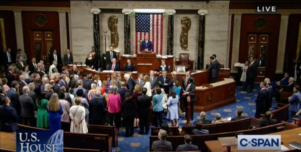 Democrats gather on the House floor in support of Rep. Adam Schiff (R-Calif.) following a Republican vote to censure the representative for misleading comments regarding President Donald Trump's collusion with Russia. (Screenshot/C-SPAN)