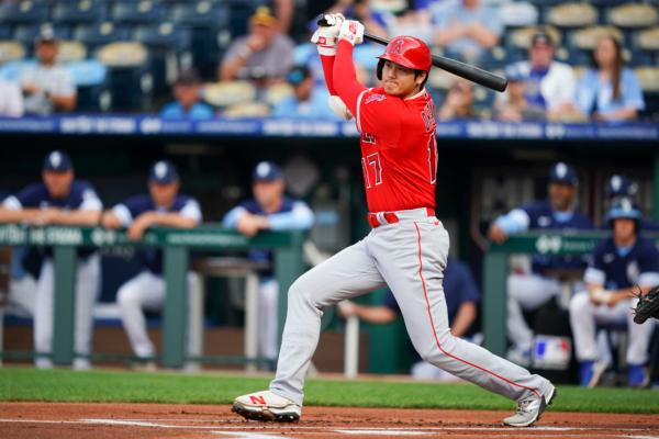 Shohei Ohtani (17) of the Los Angeles Angels connects on a Kansas City Royals pitch for a double during the first inning at Kauffman Stadium in Kansas City on June 16, 2023. (Kyle Rivas/Getty Images)