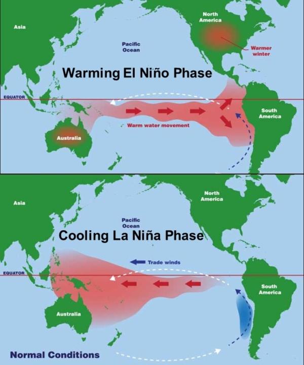 The warming currents of El Niño drive temperatures up; the reverse process, called La Niña, drives temperatures down. (NOAA)