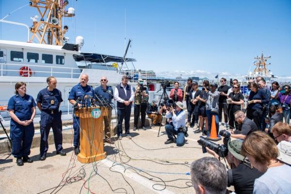 U.S. Coast Guard (USCG) Capt. Jamie Frederick speaks to reporters about the search efforts for the Titan submersible that went missing near the wreck of the Titanic, at Coast Guard Base in Boston, Massachusetts, on June 21, 2023. (Joseph Prezioso/AFP via Getty Images)