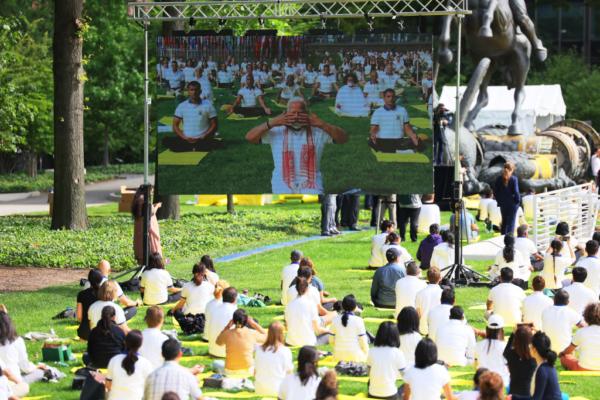 Indian Prime Minister Narendra Modi practices yoga on the North Lawn of the United Nations headquarters in New York, on June 21, 2023. (Michael M. Santiago/Getty Images)