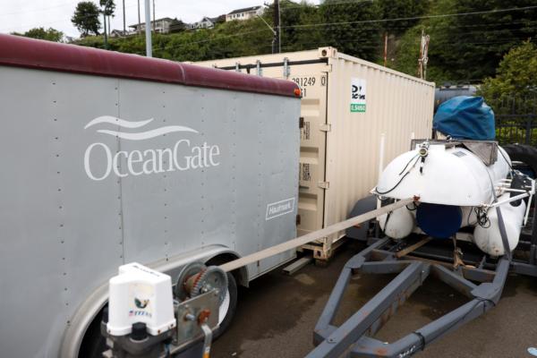 The OceanGate logo is pictured on a trailer at the Port of Everett Boat Yard in Everett, Washington, on June 20, 2023. (Jason Redmond/AFP via Getty Images)
