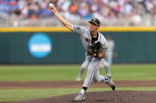 <br/>Wake Forest starting pitcher Seth Keener throws to an LSU batter during the first inning of a baseball game at the NCAA College World Series in Omaha, Neb., on June 21, 2023. (Rebecca S. Gratz/AP Photo)