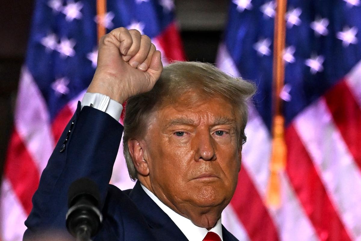 Former US President Donald Trump gestures after delivering remarks at Trump National Golf Club Bedminster in Bedminster, N.J., on June 13, 2023. (Ed Jones/AFP via Getty Images)
