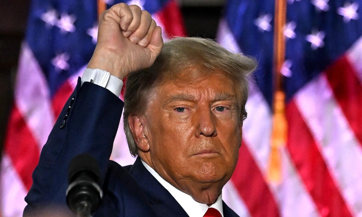  Former President Donald Trump gestures after delivering remarks at Trump National Golf Club Bedminster in Bedminster, N.J., on June 13, 2023. (Ed Jones/AFP via Getty Images)