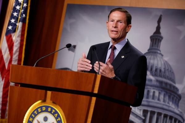 Sen. Richard Blumenthal (D-CT) speaks during a news conference to discuss legislation that would temporarily halt U.S. arms sales to Saudi Arabia at the U.S. Capitol in Washington, DC. on Oct. 12, 2022. Blumenthal and Rep. Ro Khanna (D-CA) said the legislation is a reaction to Saudi Arabia agreeing with other OPEC countries to cut production of oil, which they say will help Russia in its war with Ukraine and make allies like the U.S. suffer at the gas pump. "Saudi Arabia has broken trust with America and it needs to come to its senses," Blumenthal said. (Chip Somodevilla/Getty Images)