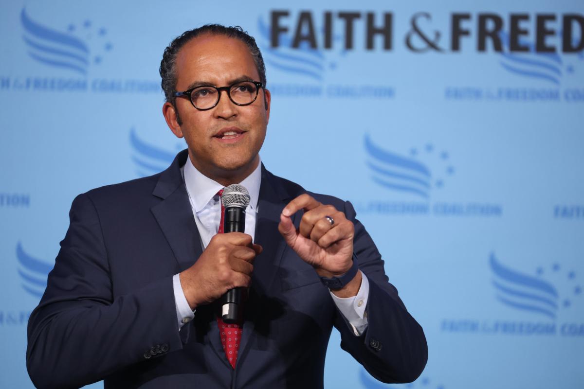 Former Texas Congressman Will Hurd speaks to guests at the Iowa Faith & Freedom Coalition Spring Kick-Off in Clive, Iowa, on April 22, 2023. (Scott Olson/Getty Images)