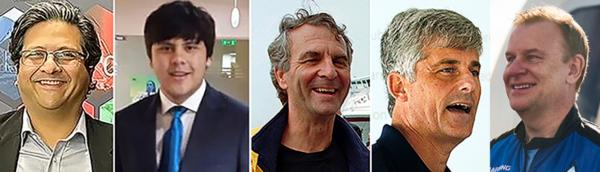 This photo combination shows from left, Shahzada Dawood, Suleman Dawood, Paul-Henry Nargeolet, Stockton Rush, and Hamish Harding, who are facing critical danger aboard a small submersible that went missing in the Atlantic Ocean. The race is on to find the Titan, which has an oxygen supply that is expected to run out early on June 22, 2023. (AP Photo/File)
