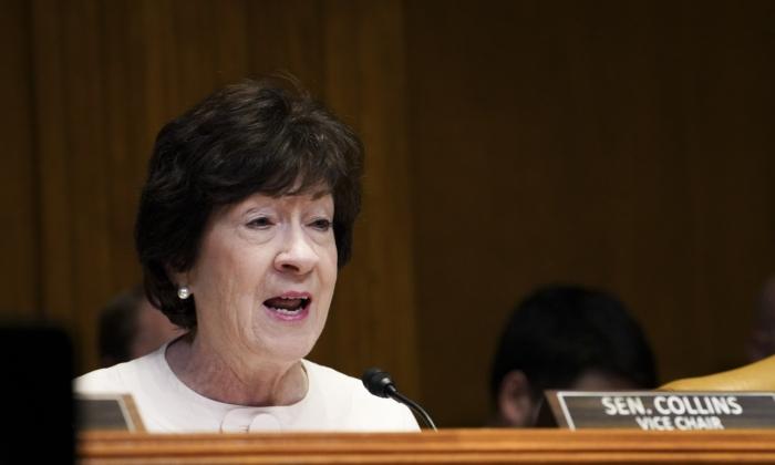 Sen. Susan Collins (R-Maine) speaks during a hearing to review the president's fiscal year 2024 budget request for the National Guard and Reserve in Washington on June 1, 2023. (Madalina Vasiliu/The Epoch Times)