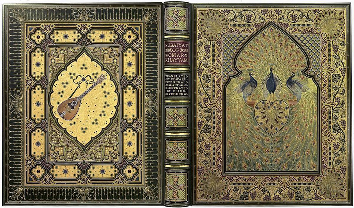Colorized black and white photograph of the original "The Rubáiyát of Omar Khayyám," 1909–1911, bound by Sangorski & Sutcliffe. (Public Domain)