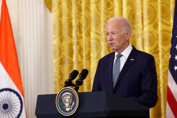 President Joe Biden delivers remarks during a joint press conference with Indian Prime Minister Narendra Modi at the White House on June 22, 2023. (Anna Moneymaker/Getty Images)
