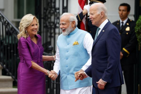 First Lady Jill Biden and President Joe Biden greet India's Prime Minister Narendra Modi as he arrives on the South Lawn of the White House in Washington on June 22, 2023. (Evelyn Hockstein/Reuters)