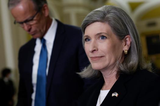 Sen. Joni Ernst (R-Iowa), appears at a Washington news conference with Sen. John Thune (R-S.D.) in June 2023. (Anna Moneymaker/Getty Images)