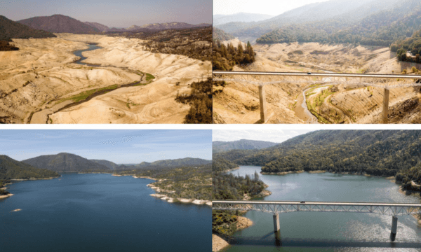 An aerial combination photo created on April 17, 2023, shows Lake Oroville in Oroville, Calif., on Sept. 5, 2021 (top), and on April 16, 2023 (bottom). (Josh Edelson/AFP via Getty Images)