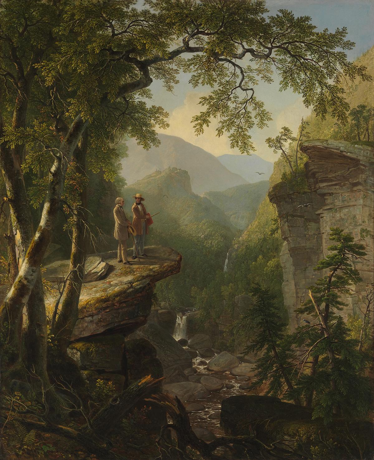 Friends Thomas Cole and William Cullen Bryant reminisce in the sweeping landscape of the Hudson River Valley. “Kindred Spirits,” 1849, by Asher Brown Durand. Oil on canvas; 46 inches by 36.2 inches. Crystal Bridges Museum of American Art, Arkansas. (Public Domain)