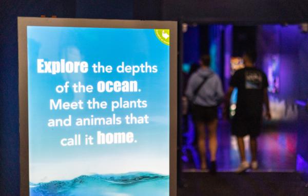 A sign introducing new ocean-themed exhibits at Discovery Cube, a children's educational museum in Santa Ana, Calif., on June 22, 2023. (John Fredricks/The Epoch Times)