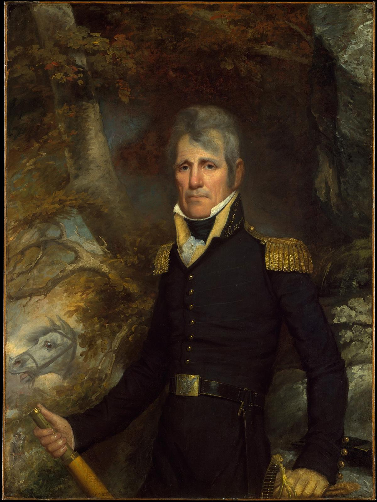 Andrew Jackson's triumphal military portrait which he was celebrated as the hero of the War of 1812. "General Andrew Jackson," circa 1819, by John Wesley Jarvis. Oil on canvas. The Metropolitan Museum of Art, New York City. (Public Domain)