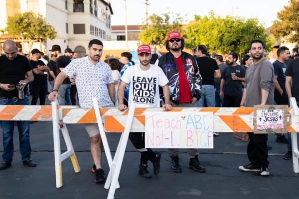 The Glendale Unified School Board’s final meeting of the school year draws dozens of parents, community members, and activists protesting over the district’s policies on LGBT content in schools in Glendale, Calif., on June 20, 2023. (Courtesy of Hasmik Bezirdzhyan)