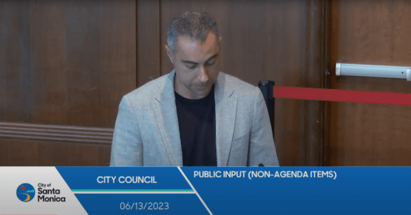John Farzam, co-owner of the Shore Hotel, speaks at a Santa Monica City Council meeting about his concerns regarding an increase in crime and homelessness in Santa Monica, Calif., on June 13, 2023. (Screenshot via City of Santa Monica)