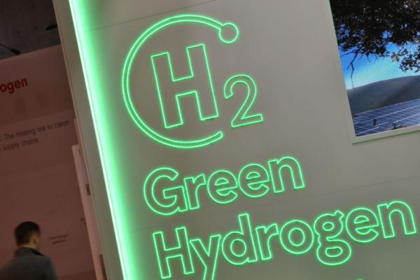 The logo of green hydrogen is seen at the 2023 Hannover Messe industrial trade fair in Hanover, Germany, on April 17, 2023. (Alexander Koerner/Getty Images)