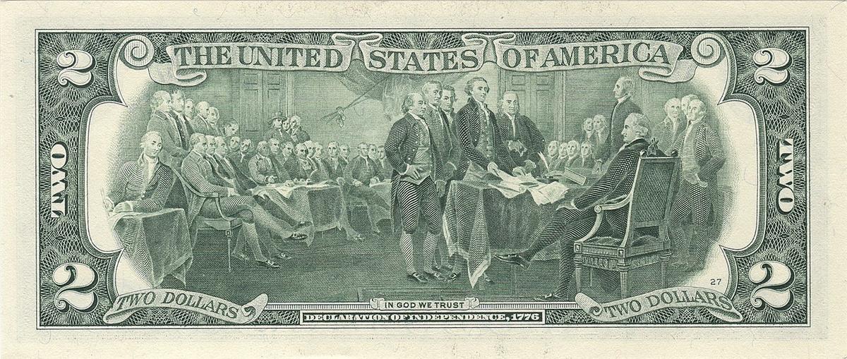 A U.S. $2 bill reverse side from Series 2003 depicts the signing of the Declaration of Independence. (<a href="https://en.wikipedia.org/wiki/File:US_$2_bill_reverse_series_2003_A.jpg">Public Domain</a>)