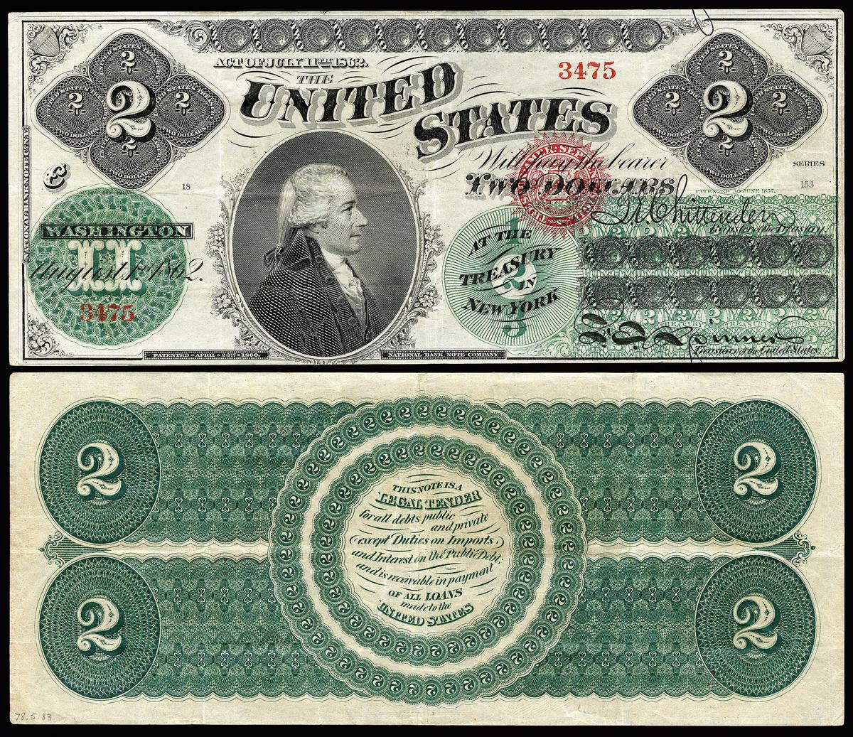 Một tờ 2 đô la năm 1862, không được lưu hành, được định giá để lấy 2.800 đô la khi bán đấu giá. (<a  data-cke-saved-href="https://en.wikipedia.org/wiki/File:US-$2-LT-1862-Fr-41.jpg" href="https://en.wikipedia.org/wiki/File:US-$2-LT-1862-Fr-41.jpg">Bộ sưu tập số học quốc gia, Bảo tàng lịch sử quốc gia Hoa Kỳ</a>/CC BY-SA 4.0)