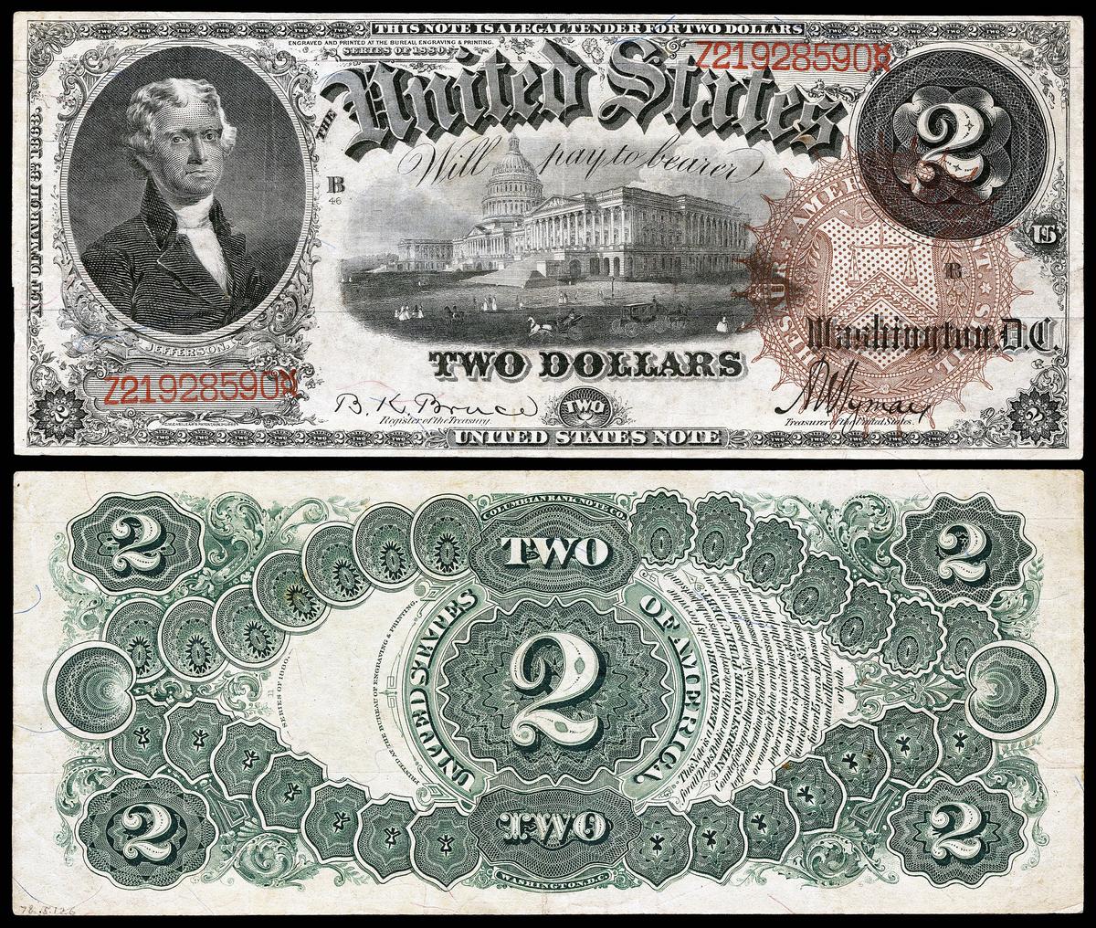Một tờ 2 đô la năm 1880. (<a href="https://en.wikipedia.org/wiki/File:US-$2-LT-1880-Fr-52.jpg">Bộ sưu tập số học quốc gia, Bảo tàng lịch sử quốc gia Hoa Kỳ</a>/CC BY-SA 4.0)