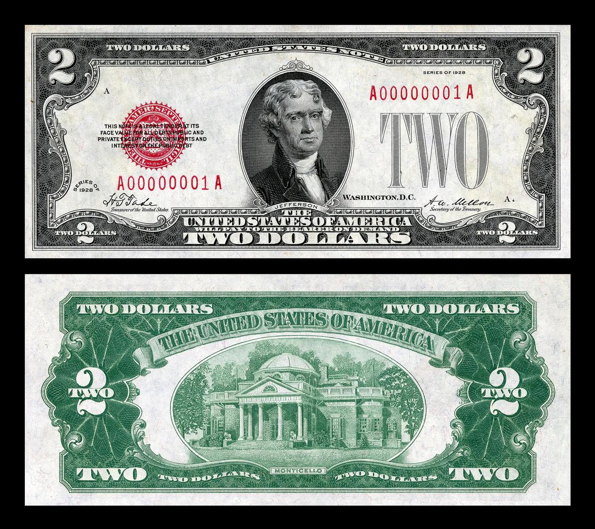 Tờ 2 đô la năm 1928. (<a href="https://en.wikipedia.org/wiki/File:US-$2-LT-1928-Fr.1501.jpg">Bộ sưu tập số học quốc gia, Bảo tàng lịch sử quốc gia Hoa Kỳ</a>/CC BY-SA 4.0)