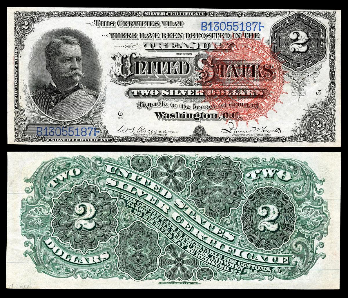 Một tờ 2 đô la năm 1886. (<a href="https://en.wikipedia.org/wiki/File:US-$2-SC-1886-Fr.242.jpg">Bộ sưu tập số học quốc gia, Bảo tàng lịch sử quốc gia Hoa Kỳ</a>/CC BY-SA 4.0)
