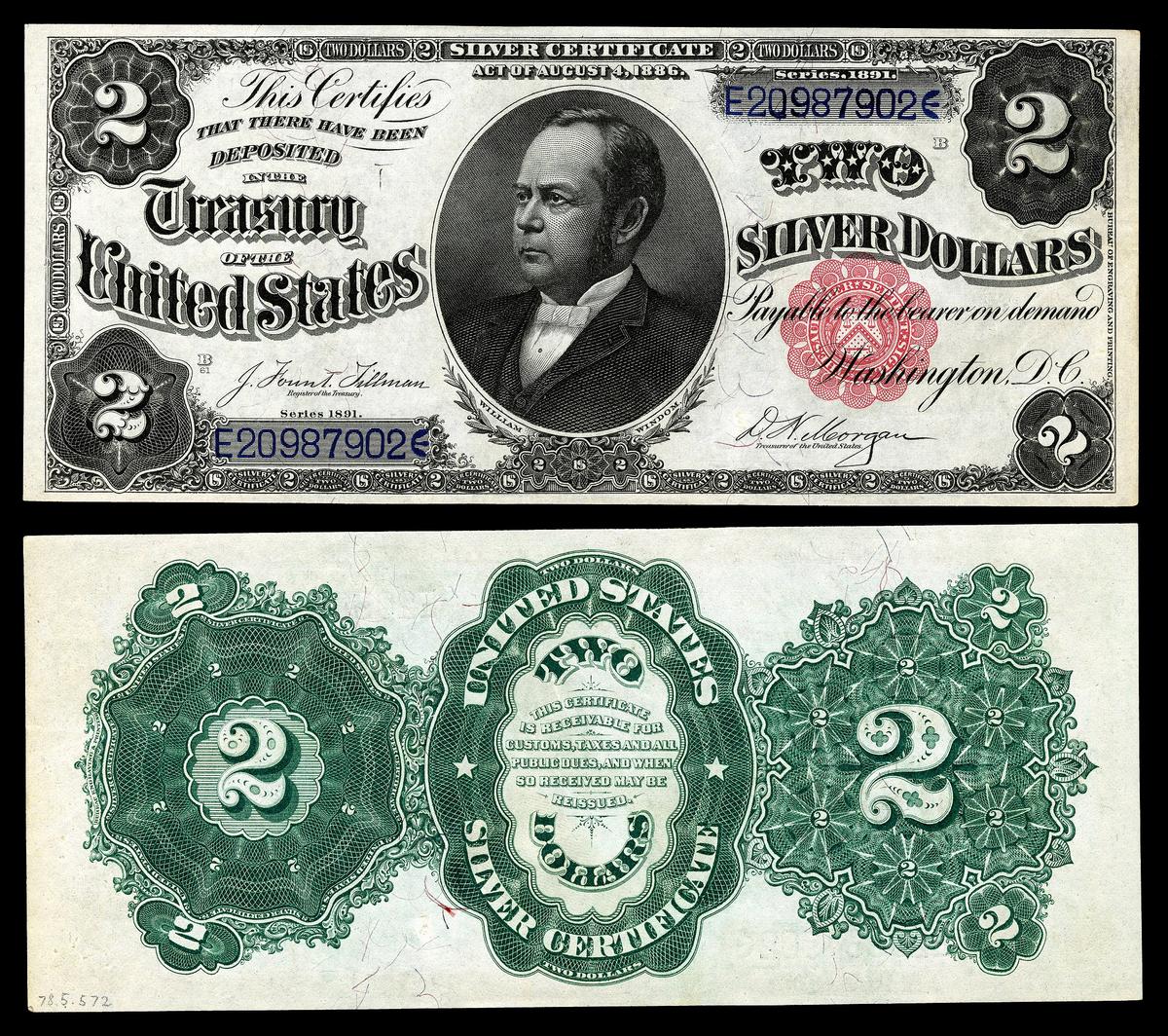 Một tờ 2 đô la năm 1891. (<a href="https://en.wikipedia.org/wiki/File:US-$2-SC-1891-Fr.246.jpg">Bộ sưu tập số học quốc gia, Bảo tàng lịch sử quốc gia Hoa Kỳ</a>/CC BY-SA 4.0)