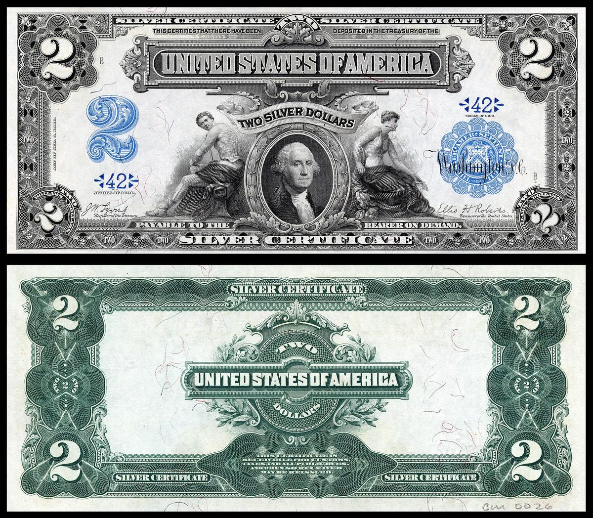 Một tờ 2 đô la năm 1899. (<a href="https://en.wikipedia.org/wiki/File:US-$2-SC-1899-Fr-249.jpg">Bộ sưu tập số học quốc gia, Bảo tàng lịch sử quốc gia Hoa Kỳ</a>/CC BY-SA 4.0)