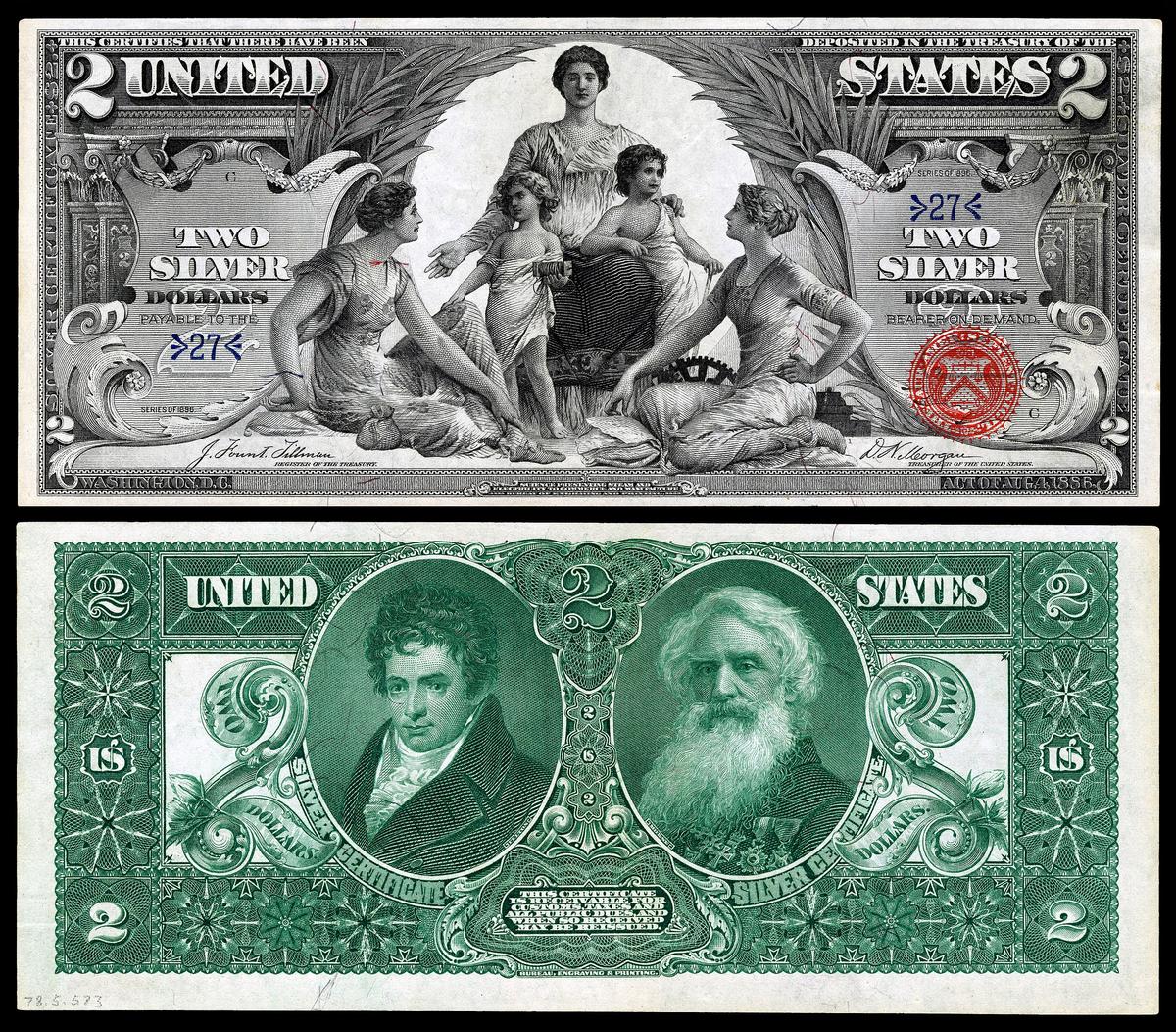 Một tờ 2 đô la năm 1896. (<a href="https://en.wikipedia.org/wiki/File:US-$2-SC-1896-Fr.247.jpg">Bộ sưu tập số học quốc gia, Bảo tàng lịch sử quốc gia Hoa Kỳ</a>/CC BY-SA 4.0)
