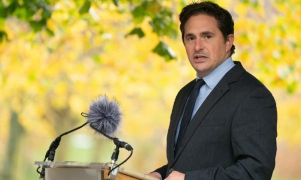 Minister for Veterans' Affairs Johnny Mercer speaks at a commemoration event for nuclear test veterans at the National Memorial Arboretum in Alrewas, Staffordshire, on Nov. 21, 2022. (PA)