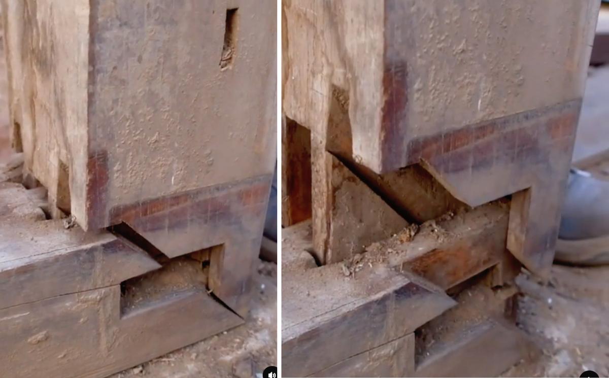 A corner joinery type called "hako dome" was found in the 95-year-old kominka at Saitama. (Courtesy of <a href="https://www.youtube.com/@dylaniwakuni">Dylan Iwanuki</a>)
