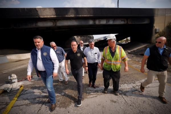 Gov. Josh Shapiro, along with officials from the Shapiro Administration, the City of Philadelphia, and the Southeastern Pennsylvania Transportation Authority, provide an update on the emergency response to the vehicle fire on the Route 73/Cottman Avenue ramp under Interstate 95 in Philadelphia, on  June 11, 2023. (Commonwealth Media Service)