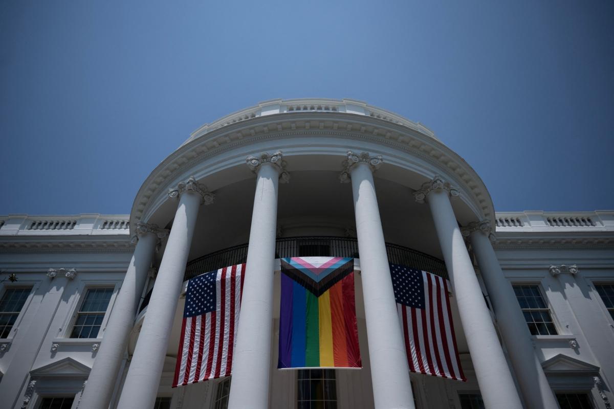 A "Progress Pride Flag" is displayed during a Pride celebration on the South Lawn of the White House on June 10, 2023. (Brendan Smialowski/AFP via Getty Images)