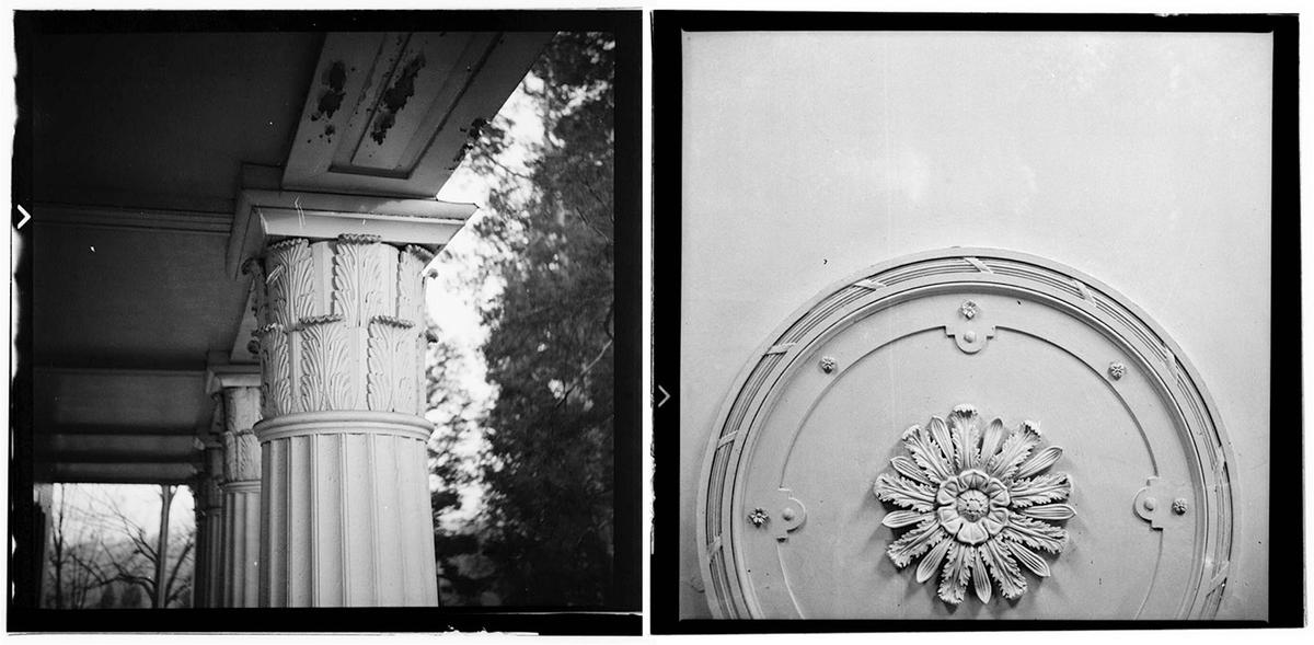 Ornamental decals of The Hermitage. Detail of column capitols on the front portico (L) and detail of plaster ornamentation in the dining room. Library of Congress. (Public Domain)