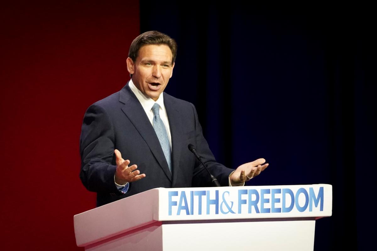 Gov. Ron DeSantis (R-Fla.), a Republican presidential candidate, speaks at the Faith and Freedom Road to Majority conference in Washington on June 23, 2023. (Madalina Vasiliu/The Epoch Times)