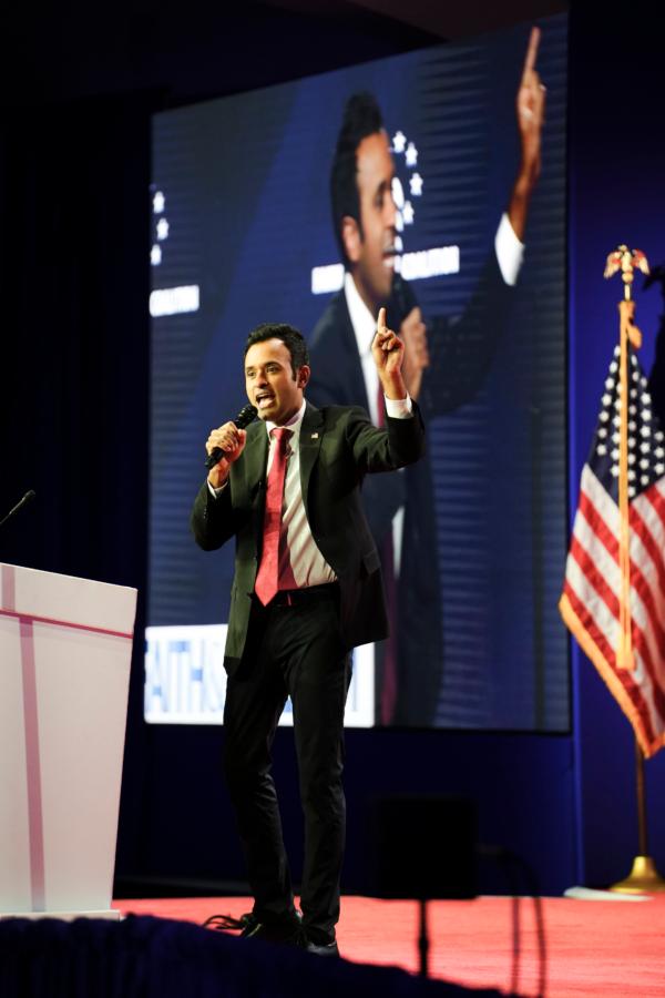 Republican presidential candidate Vivek Ramaswamy speaks during the Faith & Freedom 2023 Road to Majority conference in Washington on June 23, 2023. (Madalina Vasiliu/The Epoch Times)