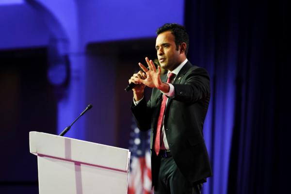 Republican presidential candidate Vivek Ramaswamy speaks during the Faith & Freedom Coalition's Road to Majority conference in Washington on June 23, 2023. (Madalina Vasiliu/The Epoch Times)