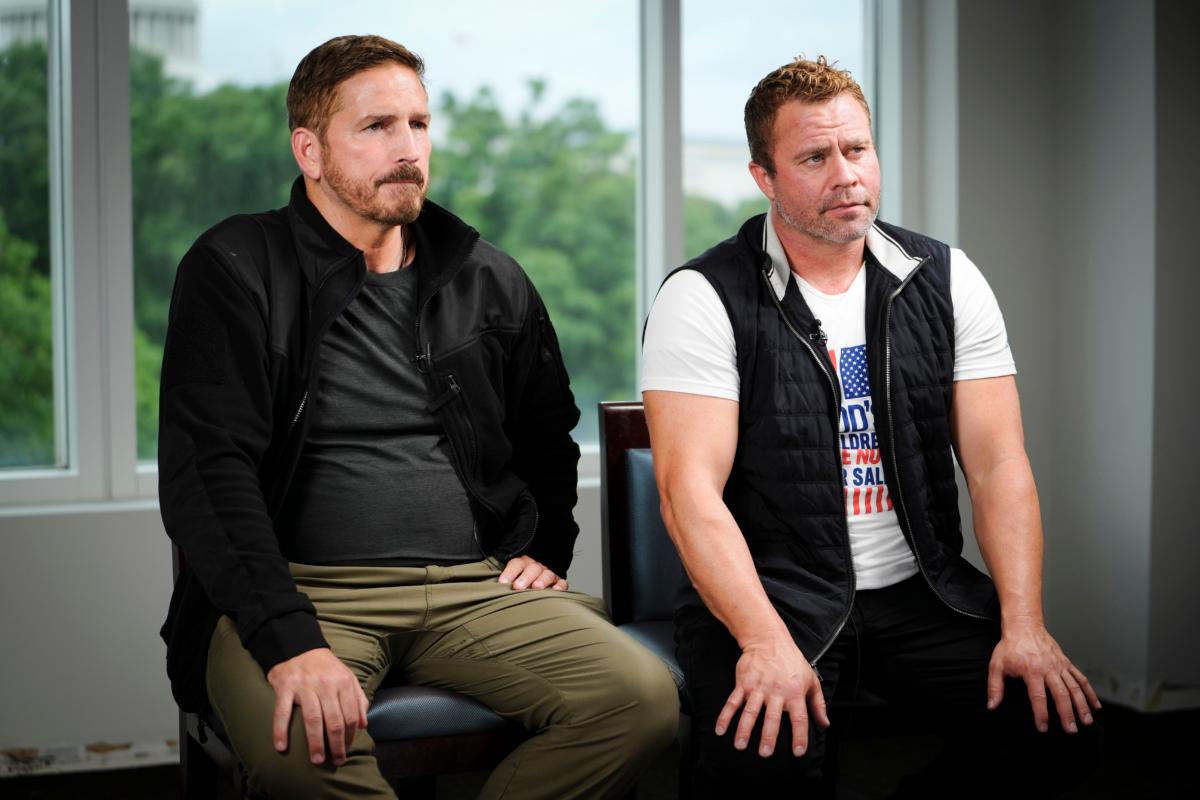 Jim Caviezel (L), actor in the new human trafficking film "Sound of Freedom,” and Tim Ballard (R), a former Department of Homeland Security special agent and founder of Operation Underground Railroad, speak during an interview in Washington on June 21, 2023. (Madalina Vasiliu/The Epoch Times)