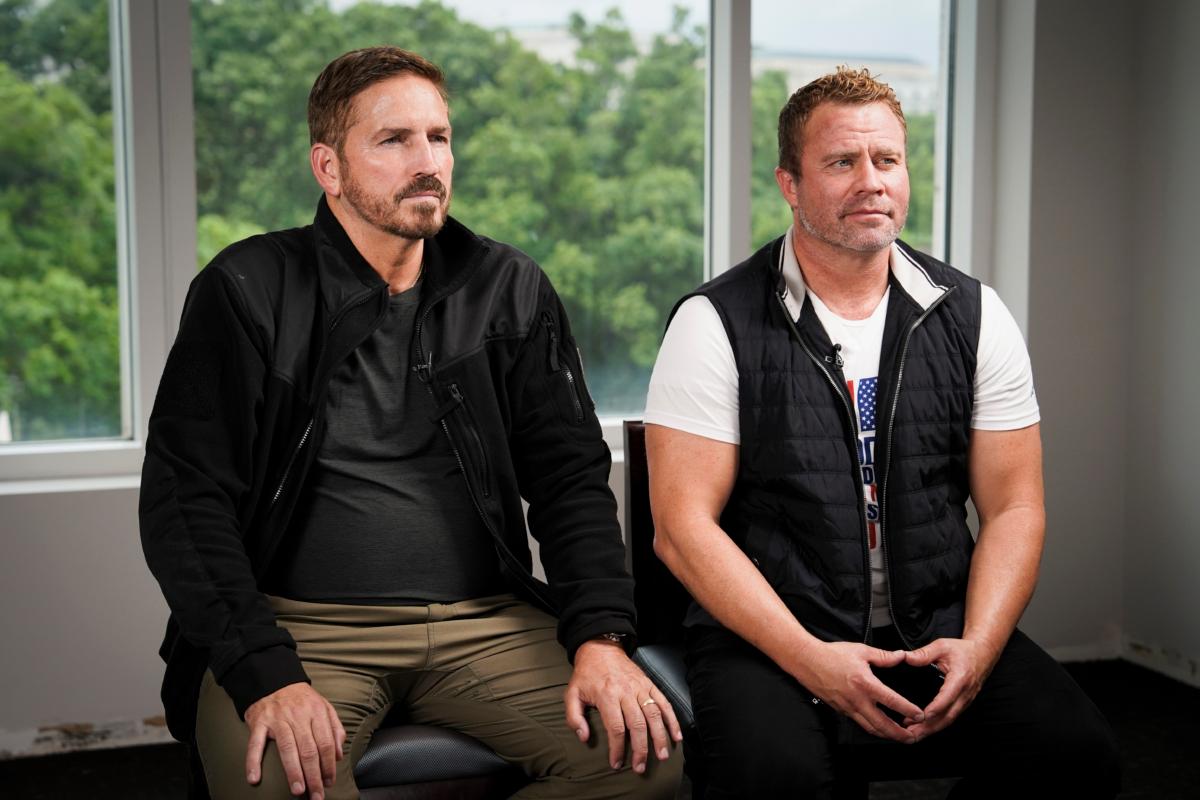 Jim Caviezel (L), actor in the new human trafficking action film "Sound of Freedom,” and Tim Ballard (R), a former Department of Homeland Security special agent and founder of Operation Underground Railroad, speak during an interview in Washington on June 21, 2023. (Madalina Vasiliu/The Epoch Times)