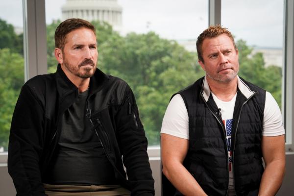 Jim Caviezel (L), actor in the new human trafficking action film "Sound of Freedom,” and Tim Ballard (R), a former Department of Homeland Security special agent and founder of Operation Underground Railroad, speak during an interview in Washington on June 21, 2023. (Madalina Vasiliu/The Epoch Times)